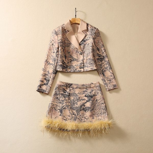 

european and american women's clothing 2023 autumn new long-sleeved double-breasted jacket feather skirt fashion suit xxl, White