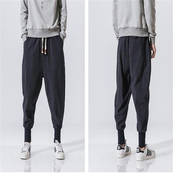 

new store japanese casual cotton linen trouser male harem pant men ankle banded jogger pant chinese traditional clothe2887, Black