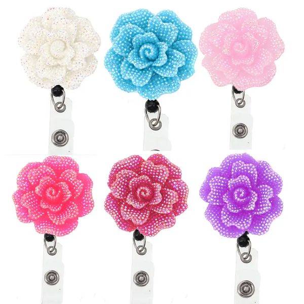 

20 pcs/lot fashion key rings mix color office supply bling shiny resin flower id card badge holder for nurse accessories badge reel, Slivery;golden