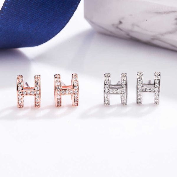 

fashion designer h s925 sterling silver micro studded h-letter earrings korean hollow out fashion versatile women's jewelry, Black