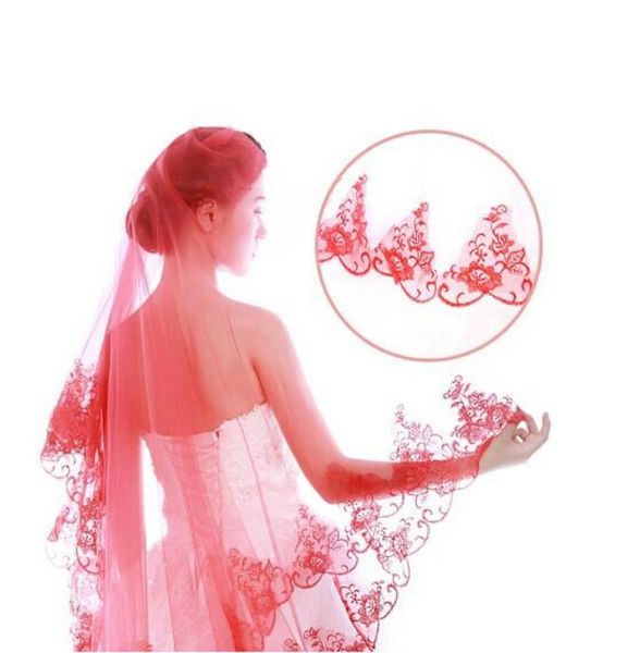 

wedding accessories fashion lace flower edge bridal veils handmade red long veil matching wedding dress6654572, Black