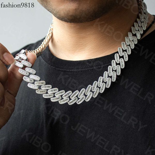 

moissanite chains baguette cut diamond 18mm men necklace sier iced out vvs moissanite cuban link chain, Silver