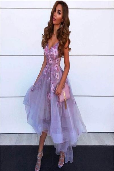 

2021 lavender 3d flower cocktail dresses high low v neck lace applique vestidos de gala tulle homecoming gowns abendkleider9595745, Black