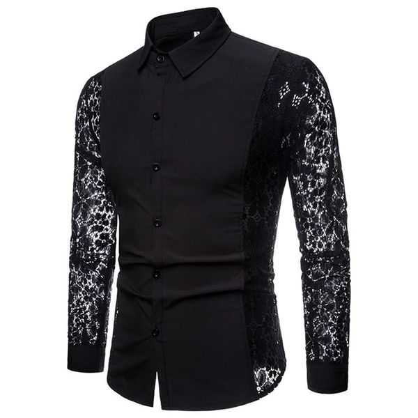 

2018 new autumn black white patchwork lace shirt men transparent party long sleeve dress shirts camisa social masculina2761, White;black