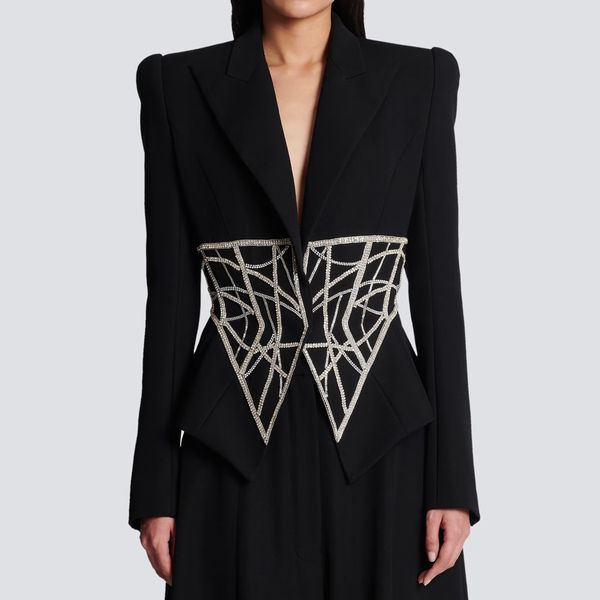 

2023 spring and autumn fashion new heavy industry nail bead inlaid diamond waist slimming high end quality women's suit coat top, White;black