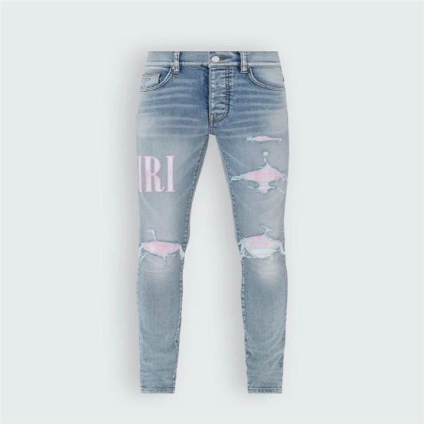 

designer men's jeans split denim pants mens slim fit jeans casual hip hop button pant men elastic pants women's hole sli234m, Blue
