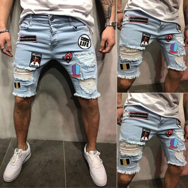 

2018 jeans shorts men cool street clothes mens jeans stretchy ripped skinny biker destroyed taped denim shorts2305, Blue