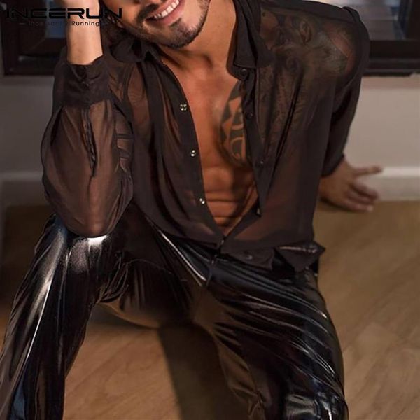 

men's casual shirts incerun men shirt lapel mesh transparent long sleeve button up clothing 2021 streetwear party nightc217t, White;black