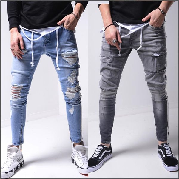 

men's jeans mens retro blue gray side stripes hole high street pleated slim stretch long denim hip hop pants pencil for male193y