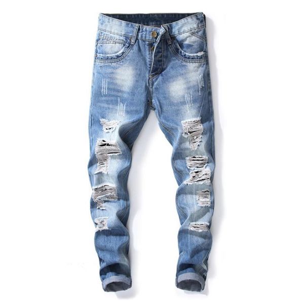 

men's jeans men streetwear hip hop ripped blue beggar skinny fashion knee holes cotton slim fit casual joggers denim pants352n