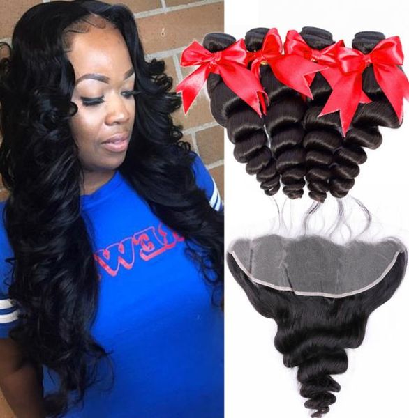 

brazilian virgin hair weaves 4 bundles with ear to ear 13x4 lace frontal closure 8a peruvian indian malaysian loose wave human hai8629618, Black;brown