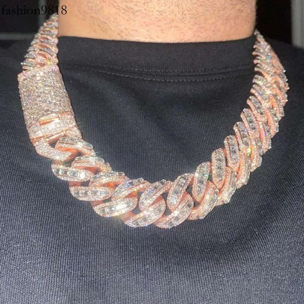 

20mm vermeil hip hop sier with 14k rose gold plated chains necklace emerald cut moissanite diamond iced out cuban link chain, Black