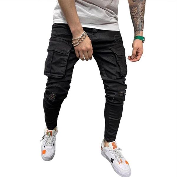 

cargo pants pocket men jeans sknny hole trousers black jeans denim pants men jogger casual long pencil clothing247c, Blue