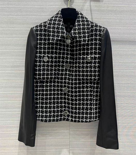 

european and american women's clothing 2023 autumn new patchwork sheepskin long sleeve lapel check single breasted tweed jacket, Black