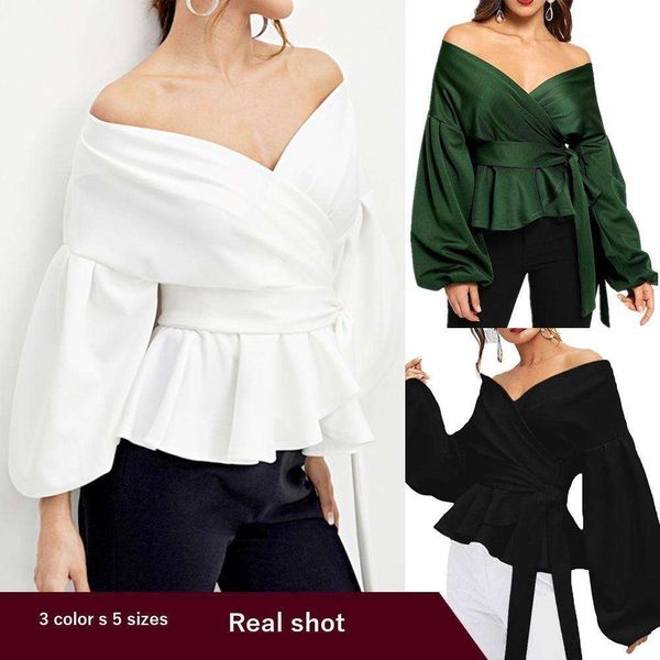 

spring and autumn womens long sleeved shirt off shoulder lantern sleeve bowknot waist women, White