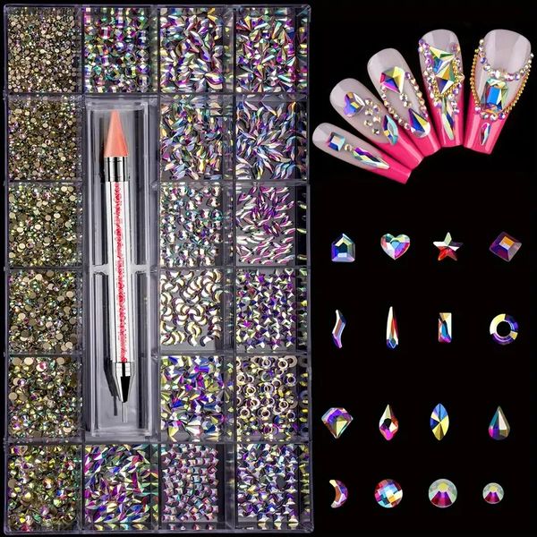 

nail art rhinestones kit 7600pcs multi shapes glass crystal ab color nail stones nail jewels flatback nail gems rhinestones packaged in diam