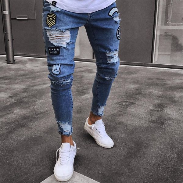 

2018 2 style hip skinny jeans men ripped biker jeans destroyed frayed print embroidery slim fit denim biker pant jean homme283l, Blue