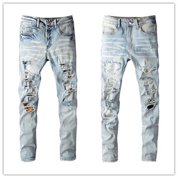 

plus size w40 mens jeans famous brand 2022ss washed leopard patch designer slim-leg jean slim light weight stretch denim skinny bl310m, Blue