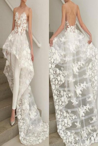 

chic bohemian a line wedding dresses sheer jewel neck lace applique backless bridal gown boho bride dress without pants2268807, White