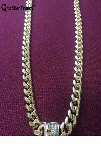 

10mm 14mm men cuban miami link cz necklace stainless steel rhinestone lock clasp iced out gold silver hip hop chain necklace8153696