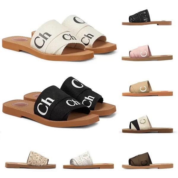 

designer woody sandals womens mules flat slides light tan beige white black pink lace lettering fabric canvas slippers for women summer outd