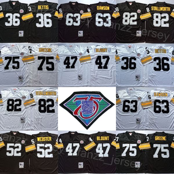 

vintage football 63 dermontti dawson jerseys 75 joe greene 82 john stallworth 36 jerome bettis 47 mel blount 52 mike webster 1975 1996 retro, Black