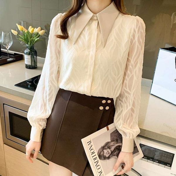 

autumn korean jade patterned long womens blouses sleeved blouse, White