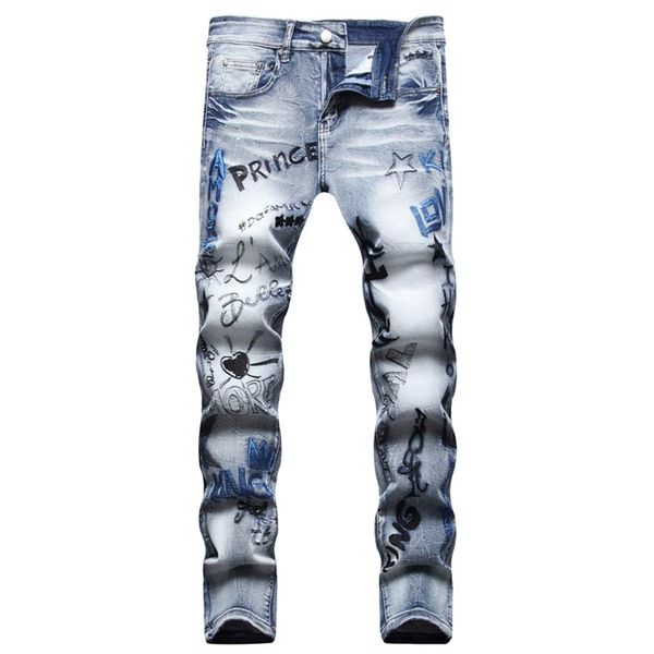 

men slim fit stretch jeans 3d printed embroidery destroyed skinny straight leg washed frayed motocycle denim pants hip hop biker m253c, Blue