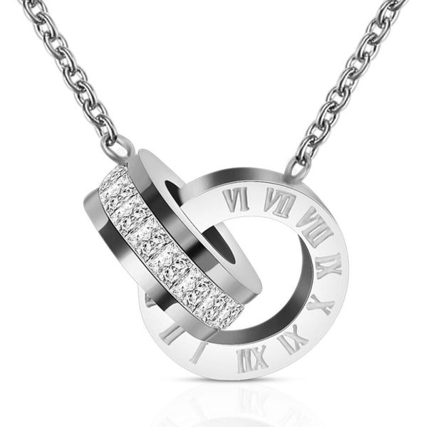 

titanium steel cz zircon double circle love roman numerals pendant necklace women wedding fashion street jewelry2467830, Silver