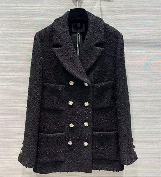 

european and american women's clothing 2023 autumn new long-sleeved suit collar double-breasted black fashion the tweed jacket