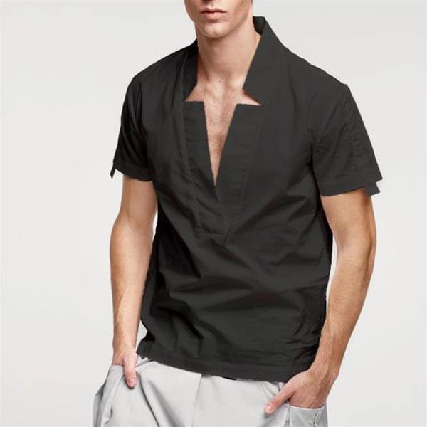 

mens short sleeve shirt streetwear summer shirts for men solid color with new neckline breathable blouse chemise homme269y, White;black