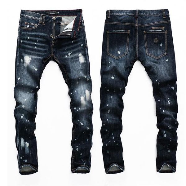 

men's jeans four seasons slim pp washed black drill tight stretch casual fashion go-go trend in the waist hole small leg1989, Blue
