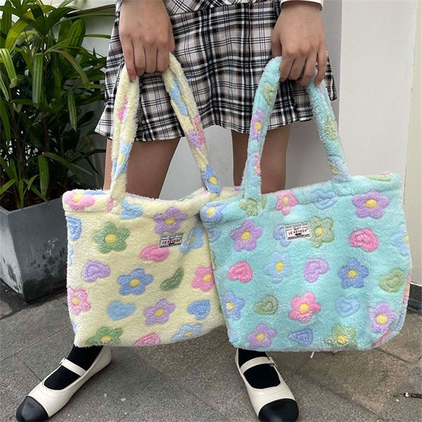 

evening bags women sweet shoulder bag cute shopping floral high-capacity candy color plush ins handbag fashion girl y2k vintage pink blue 23