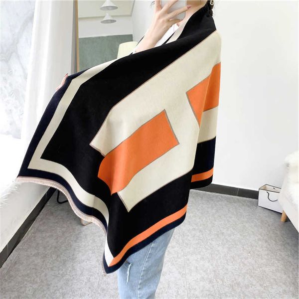 

designer winter h home scarf onlline shop summer airconditioned room shawl winter thickened korean version long letter color matching double, Blue;gray