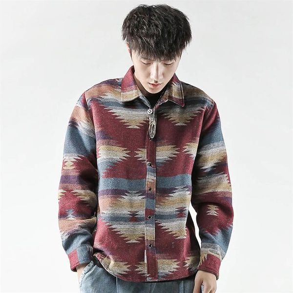 

long sleeve flannel shirt men vintage casual hip hop mens shirts streetwear korean fashion folk custom woolen camisa masculina254e, White;black