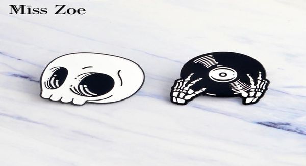 

miss zoe skeleton record hand pins dj hands brooch denim jacket pin hat buckle shirt badge dark punk jewelry gift for friends4989020, Gray