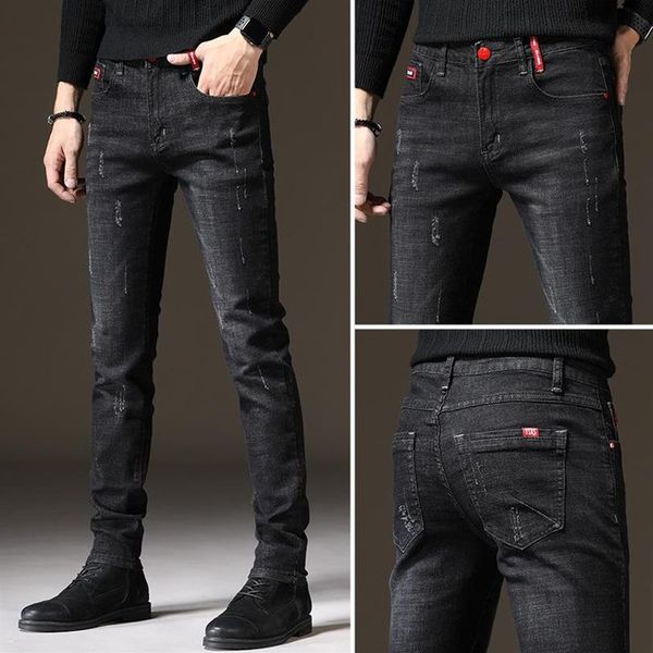 

men's jeans brand men slim fit skinny denim designer elastic straight stretch trousers for218z, Blue