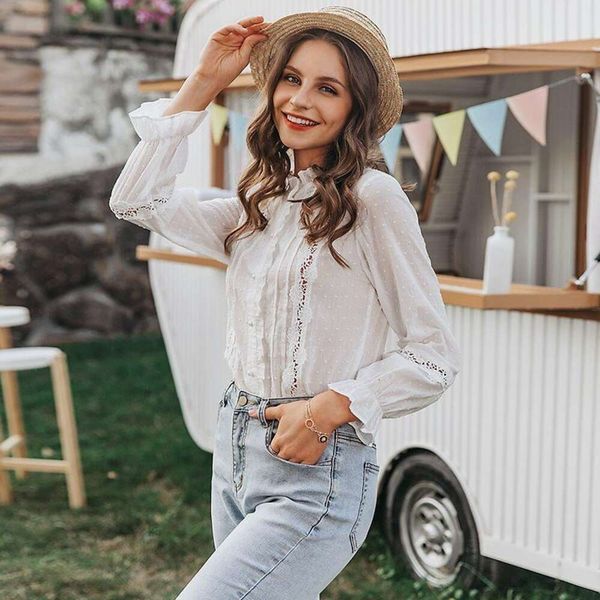 

womens clothing all blouses match long sleeves slimming lace splicing shirt, White