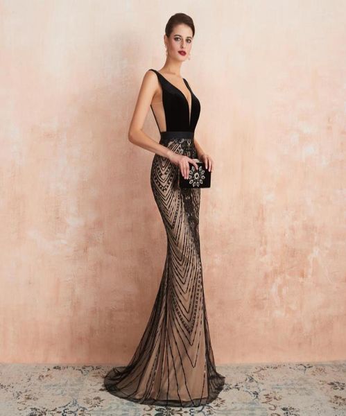 

37358 black champagne v neck evening dresses 2020 lace backless mermaid sweep train formal occasion prom party dresses custom made7648514, Black;red