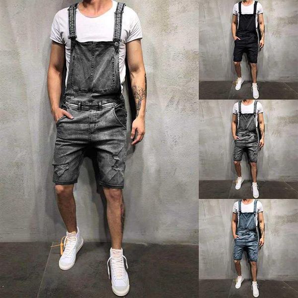 

oversize men ripped jeans jumpsuits short pants summer street style distressed denim bib overalls suspender short pants177k, Black