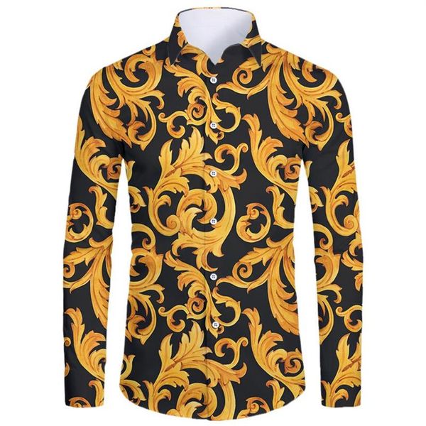 

men's casual shirts ifpd luxury royal men shirt long sleeve golden flower print baroque summer prom party oversize 6xl homme2859, White;black