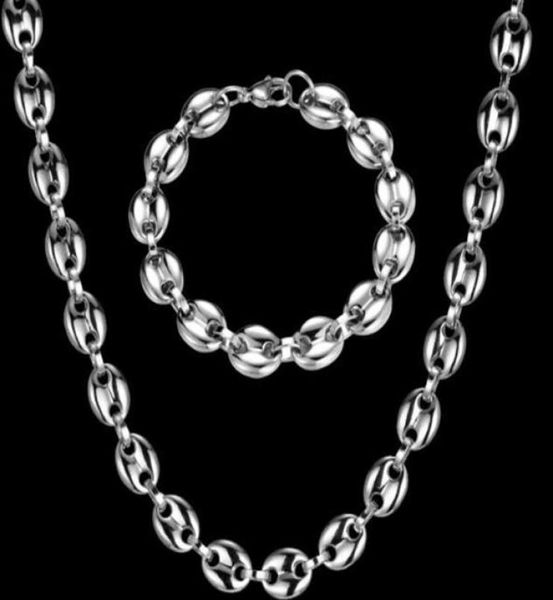 

huge 11mm wide 60cm 22cm heavy mens cool stainless steel shiny silver coffee beans link chain necklace bracelet jewelry set20785592026