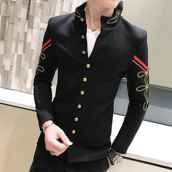 

4 color gold button chinese collar suit jacket slim fit mens blazer pattern army pilot jacket men black blue red white blazer234n, White;black