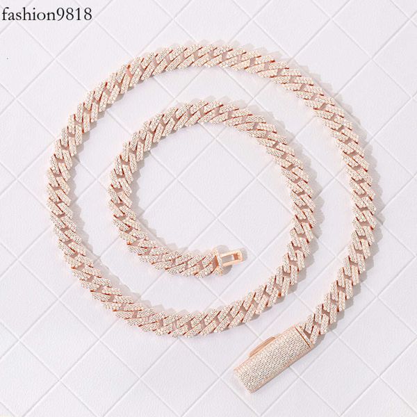 

pink cuban chain pure sier plated gold 8mm wide handmade insert 2 rows vvs moissanite cuban link chain, Silver