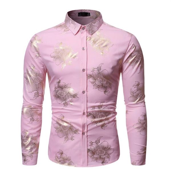 

fashion pink floral foil print shirt men 2019 brand slim long sleeve mens dress shirts dj club party stage prom chemise homme230p, White;black