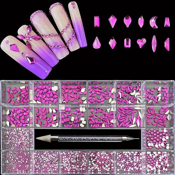 

21 grids nail art rhinestones kit,2800 pcs round shapes and 360 pcs multi shapes rhinestones glass crystal flatback nail gems with double he