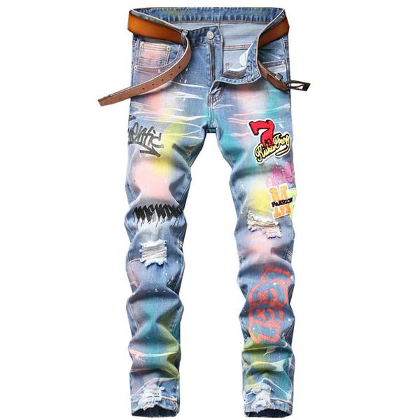 

splattered ink colorful printing ripped patch men's jeans small straight slim micro-elastic trendy pants for male pantalons p2311, Blue