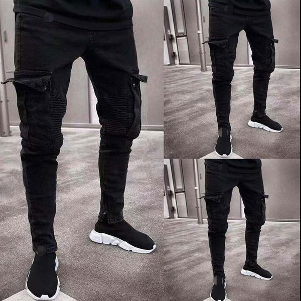 

mens jeans fashion black jean men denim skinny biker jeans destroyed frayed slim fit pocket cargo pencil pants plus size s-3xl227b, Blue