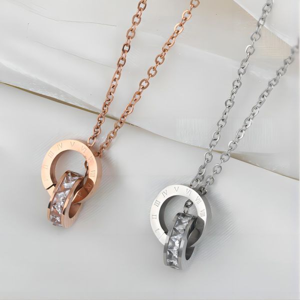 

fashion designer zircon inlaid double ring women's circle titanium steel necklace roman numerals clavicle chain, Silver