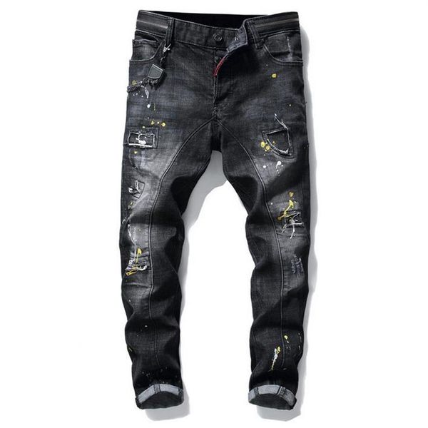 

men slim fit big size jeans men's paint hole style destroyed skinny straight leg washed luxury casual regular denim pants tro333r, Blue